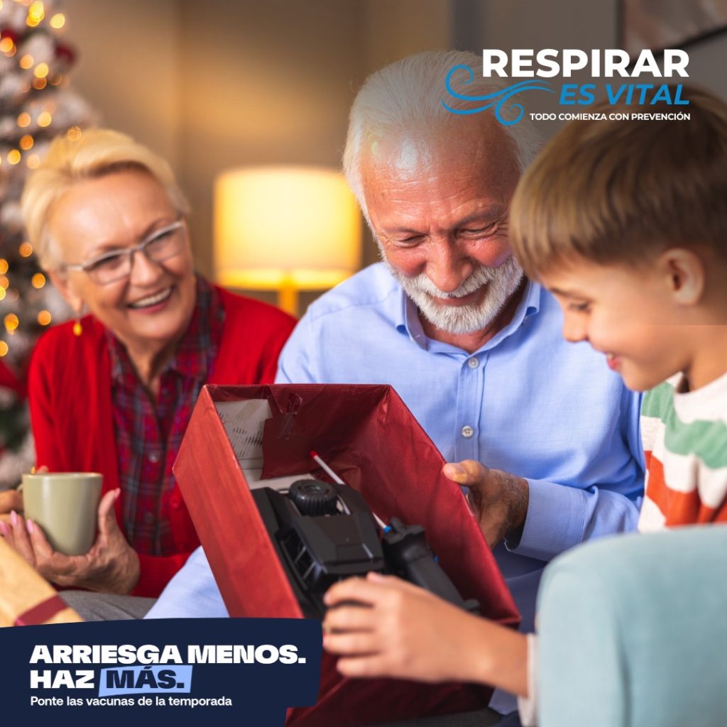 Invitación oficial de la campaña "Respirar es Vital" de VOCES PR, promoviendo la vacunación simultánea contra la gripe, COVID-19 y el VRS en más de 200 centros de vacunación en Puerto Rico, los días 22 y 23 de noviembre de 2024.